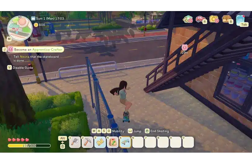 Screenshot from Starsand Island showing the character riding a skateboard, Life Sim, Seed Sparkle Lab