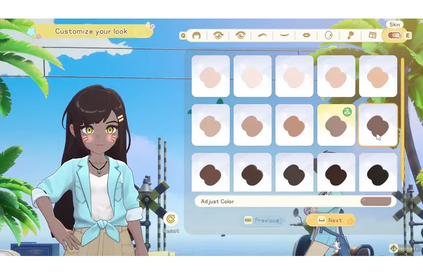 Screenshot from Starsand Island showing skin tones during character customization, Life Sim, Seed Sparkle Lab