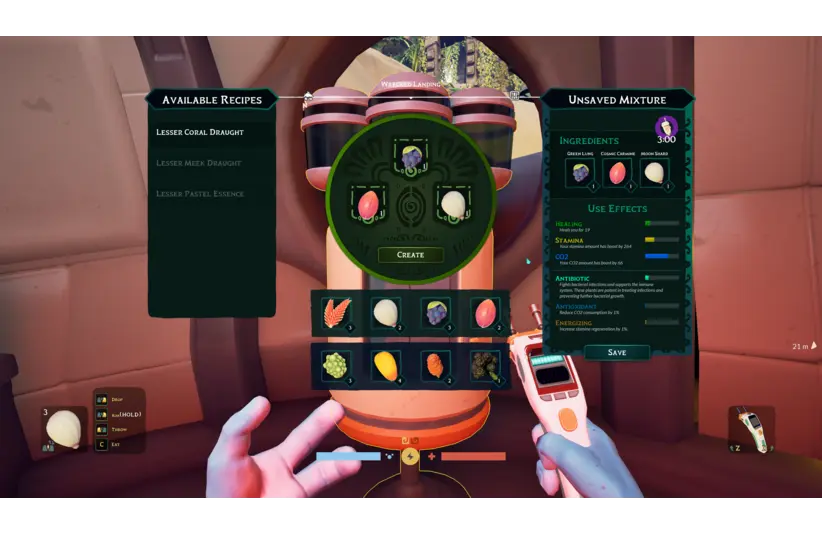 Hands hold a potion-making device with a screen displaying available recipes and ingredients. The tone is inquisitive and experimental in this Steam Early Access.