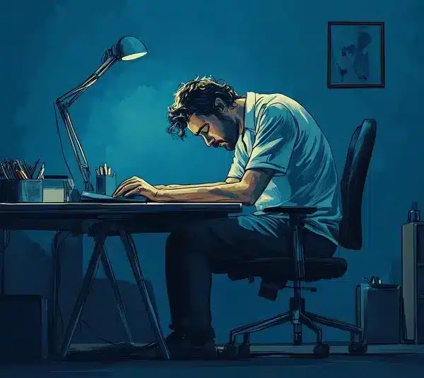 A man sits hunched over a desk, experiencing job burnout, illuminated by a blue-tinted lamp, with a focused expression