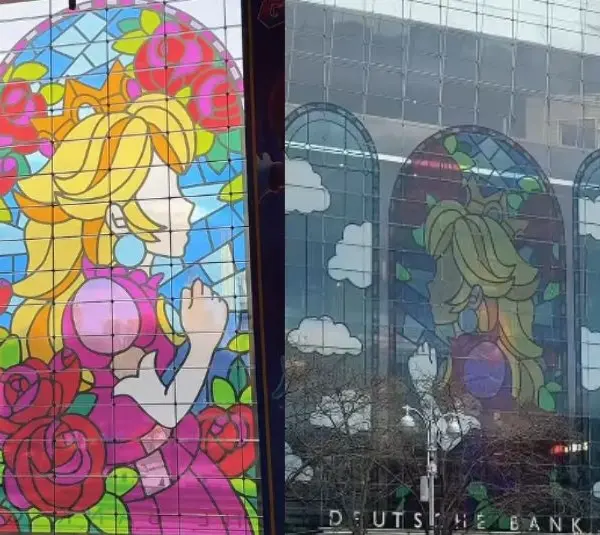 two image beside each other of Princess Peach stained glass mural from Mario 64 game. The Left image of the interior of mural and the right is the outside view.