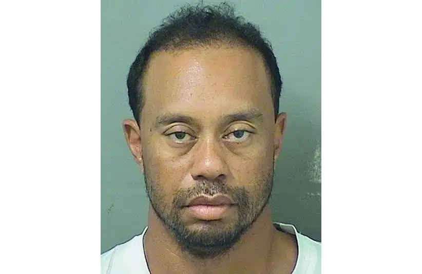 Tiger Woods' mugshot after dui. A man with short hair and a beard, wearing a white shirt, looks directly at the camera against a plain background in a mugshot-style photograph.