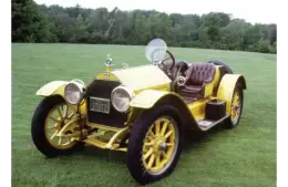 Image of yellow 1914 Stutz Bearcat owned by Antony "Tony" Koveleski in 1985