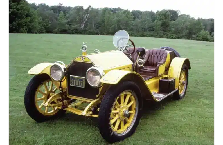Image of yellow 1914 Stutz Bearcat owned by Antony "Tony" Koveleski in 1985