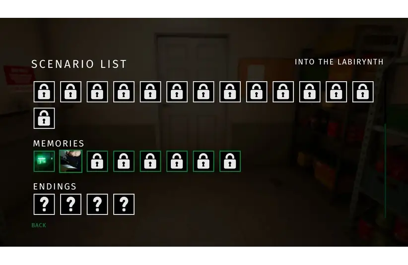 Screenshot from Before Exit: Gas Station showing part of the scenario list, memories, and endings