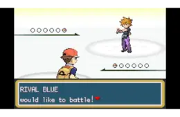 Video game battle scene with a character in a red hat facing a rival character. Text box reads, "RIVAL BLUE would like to battle!"