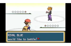 Video game battle scene with a character in a red hat facing a rival character. Text box reads, "RIVAL BLUE would like to battle!"