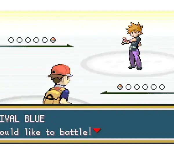Video game battle scene with a character in a red hat facing a rival character. Text box reads, "RIVAL BLUE would like to battle!"
