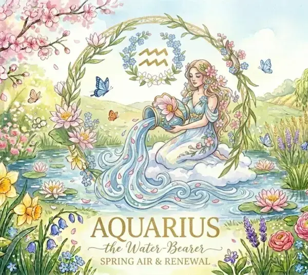 Image representing the astrology sign Aquarius in a spring background surrounded by flowers