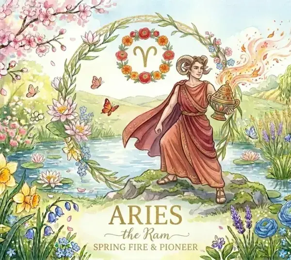Image representing the astrology sign Aries in a spring background surrounded by flowers