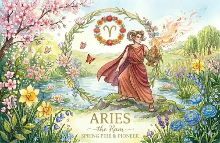 Image representing the astrology sign Aries in a spring background surrounded by flowers