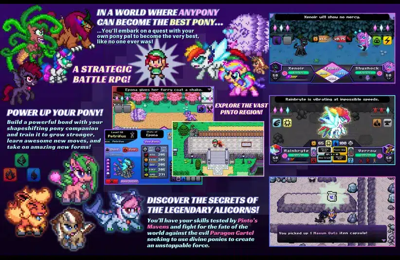 Colorful game promotion featuring pixel art ponies, exploring a fantasy world. Showcases strategic RPG gameplay, battles, and vibrant characters. Enthusiastic and adventurous tone.