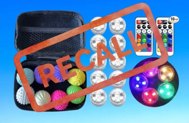 Images of recalled GLMZZ Fidget Magnet Ball Toys & Sunnyyes LED Mini Lights with Recall stamped over them