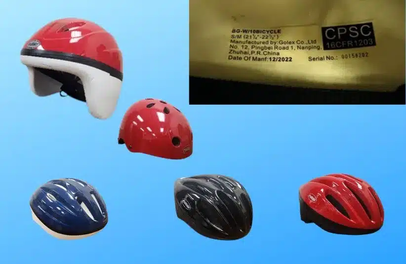 Images of several bicycle helmets and label inside the helmet