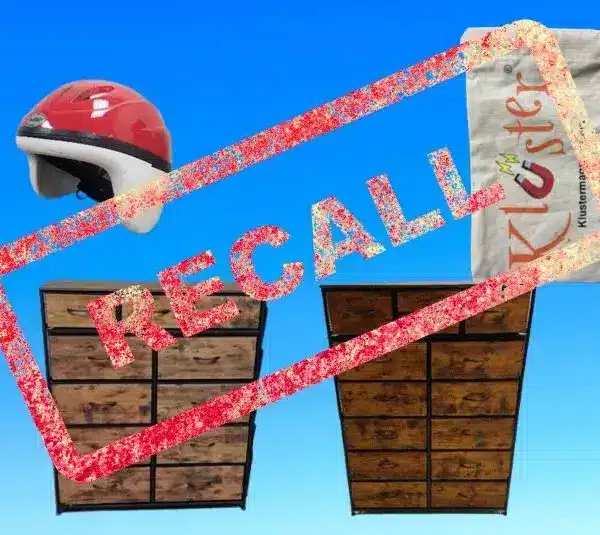 Images of a bike helmet, game pouch, and 2 dressers on a light blue background with Recall stamped over them