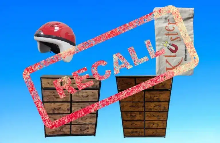 Images of a bike helmet, game pouch, and 2 dressers on a light blue background with Recall stamped over them