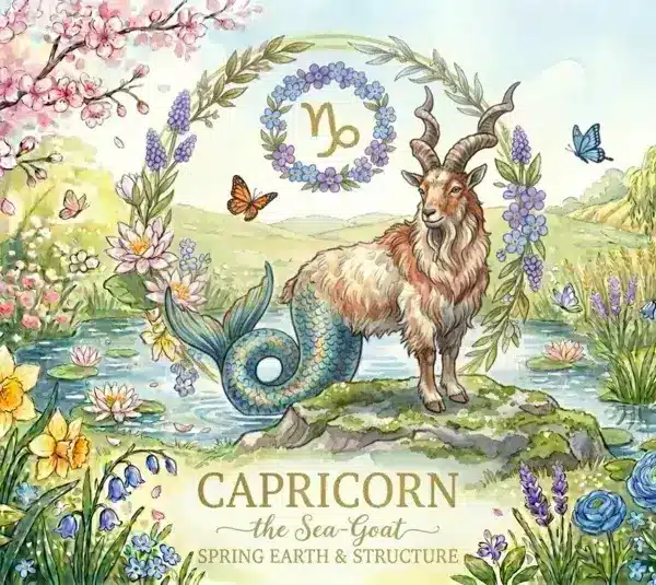 Image representing the astrology sign Capricorn in a spring background surrounded by flowers