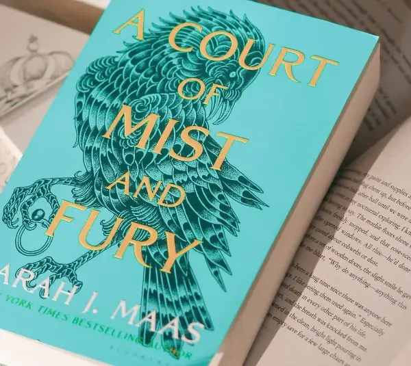 A copy of Sarah J. Maas' "A Court of Mist and Fury" lying on a pile of open books