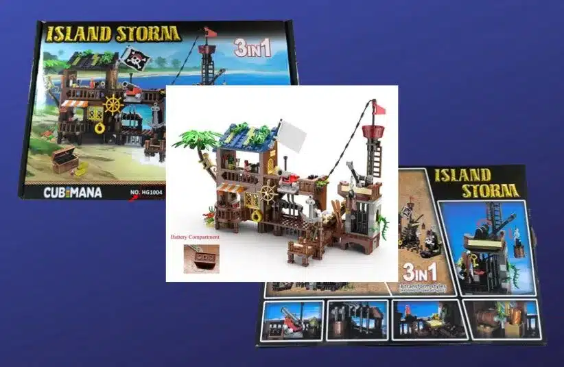 Images of the  Cubimana Island Storm 3 In 1 Building Sets with LED Lights and box on a dark blue background