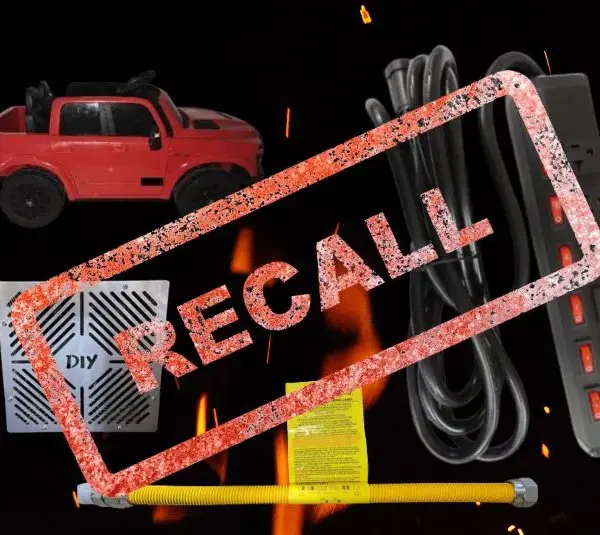 Images of recalled ride on truck, power strip, gas connector, and sauna kit with recall stamped over them