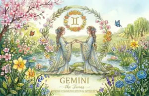 Image representing the astrology sign Gemini in a spring background surrounded by flowers