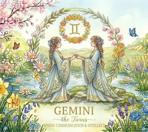 Image representing the astrology sign Gemini in a spring background surrounded by flowers
