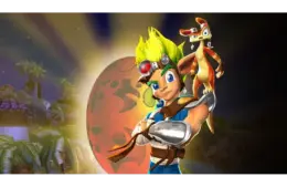 Character with spiky green hair, wearing a headband and blue outfit, confidently poses with a small, orange creature on his shoulder. Jak and Daxter Background shows a large, glowing orb and palm trees.