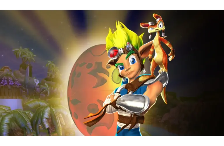 Character with spiky green hair, wearing a headband and blue outfit, confidently poses with a small, orange creature on his shoulder. Jak and Daxter Background shows a large, glowing orb and palm trees.