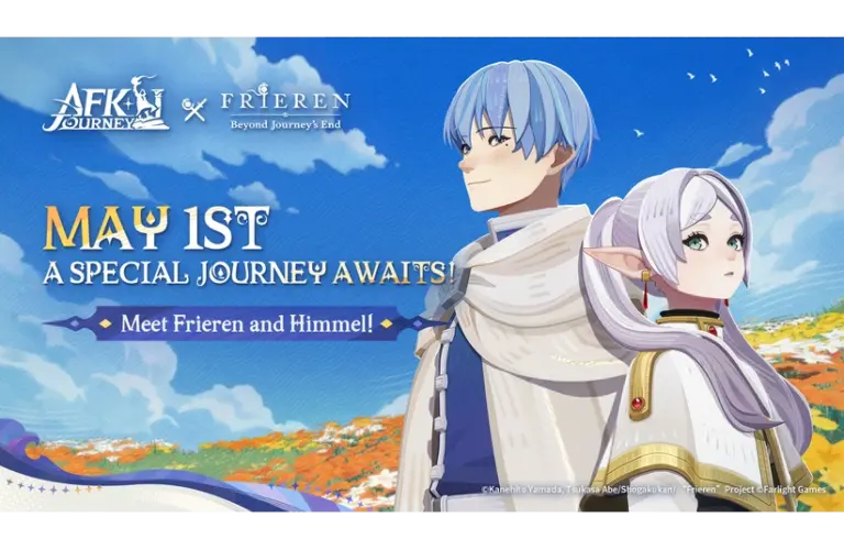 Anime-style illustration featuring a blue-haired man and elf woman gazing at a bright sky. Text: "May 1st, A Special Journey Awaits! Meet Frieren and Himmel." AFK Journey
