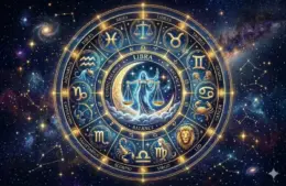 Libra Zodiac Wheel depicting night sky and Libra Scales