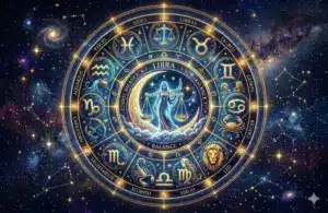 Libra Zodiac Wheel depicting night sky and Libra Scales