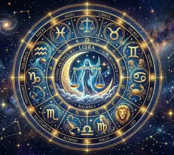 Libra Zodiac Wheel depicting night sky and Libra Scales
