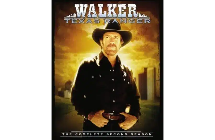 Cover of "Walker, Texas Ranger: The Complete Second Season" featuring a determined man in a cowboy hat, with cityscape and warm sunset backdrop. Chuck Norris