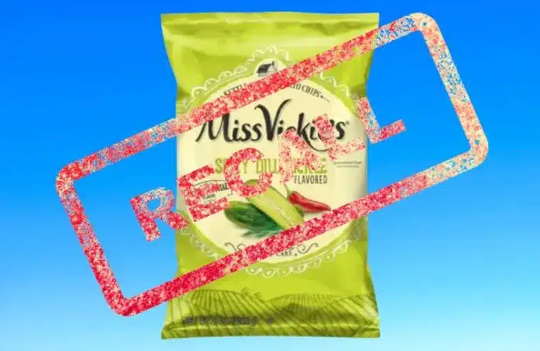 Image of Miss Vickie’s Spicy Dill Pickle Potato Chips bag on a light blue background with Recall stamped over it