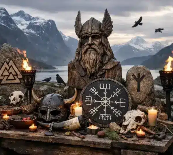 Norse Paganism depicted with Odin, runes, symbols and Northern landscape