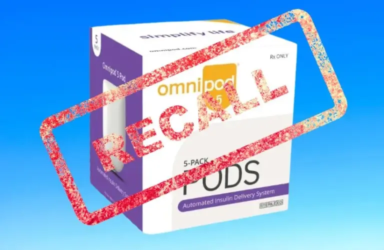 Image of Insulet Omni Pod 5 pods box with recall stamped over it