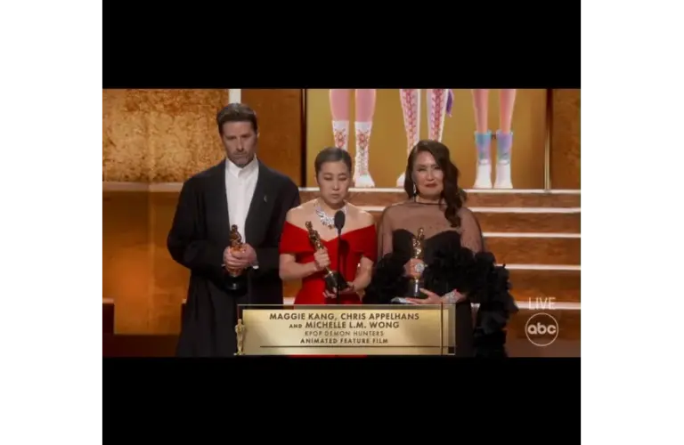 Image of Maggie Kang, Chris Appelhans, and Michelle L.M. Wong for KPop Demon Hunters, Best Animated Film at Oscars 2026
