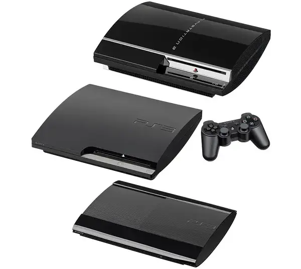 Image of Playstation 3, PlayStation 3 Slim, and PlayStation Super Slim, all black with a place Dual Shock controller