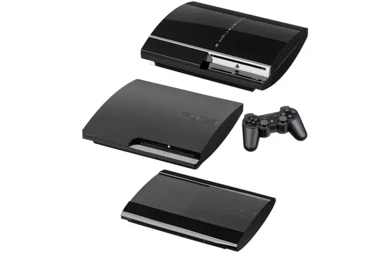 Image of Playstation 3, PlayStation 3 Slim, and PlayStation Super Slim, all black with a place Dual Shock controller
