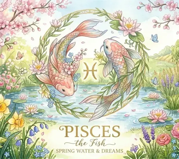 Image representing the astrology sign Pisces in a spring background surrounded by flowers