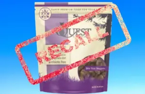 Image of Quest cat food package on a light blue background with Recall stamped over it.