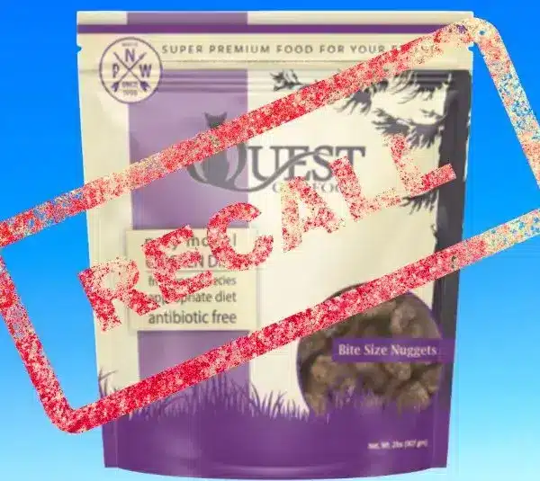 Image of Quest cat food package on a light blue background with Recall stamped over it.