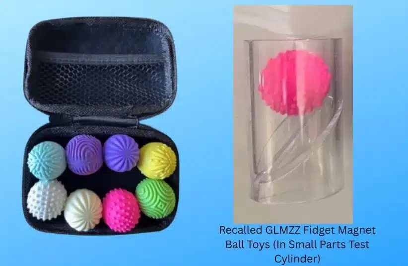 Recalled GLMZZ Fidget Magnet Ball Toys including an image of one in a small parts test cylinder demonstrating it's size