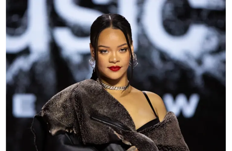Rihanna at a Super Bowl LVII halftime show press conference in 2023, years before the Rihanna home shooting case