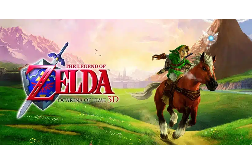 Cover of "The Legend of Zelda: Ocarina of Time 3D" shows a character riding a horse across vibrant green fields with mountains and a castle in the background. A glowing fairy hovers nearby.