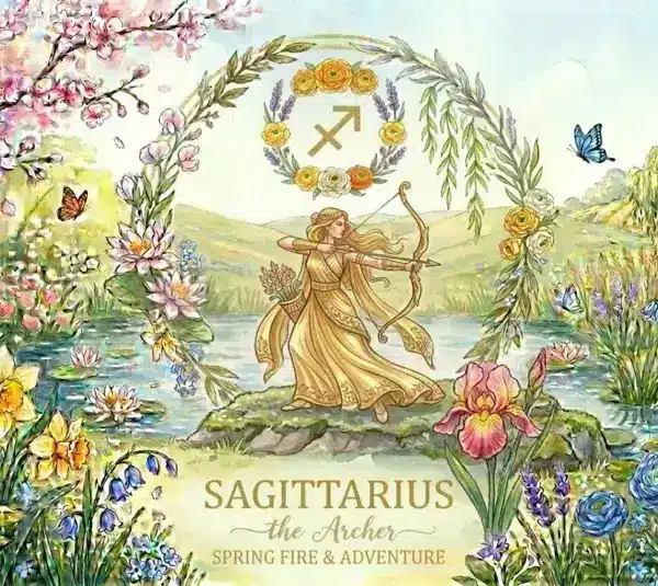 Image representing the astrology sign Sagittarius in a spring background surrounded by flowers