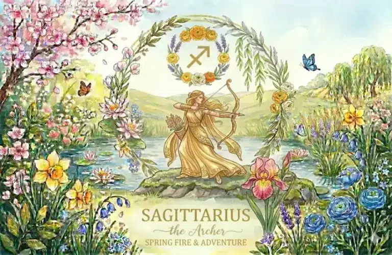 Image representing the astrology sign Sagittarius in a spring background surrounded by flowers