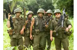 Ben Stiller (center) in "Tropic Thunder" (2008). Stiller reacted to a recent X post from The White House regarding the war.