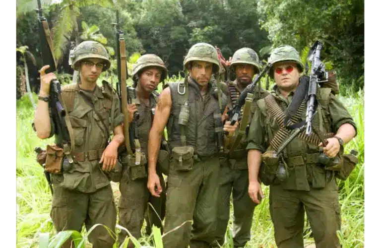 Ben Stiller (center) in "Tropic Thunder" (2008). Stiller reacted to a recent X post from The White House regarding the war.