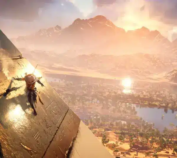 Gamers play Assassin's Creed Origins landscape shot